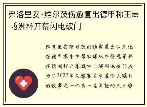 弗洛里安·维尔茨伤愈复出德甲称王欧洲杯开幕闪电破门